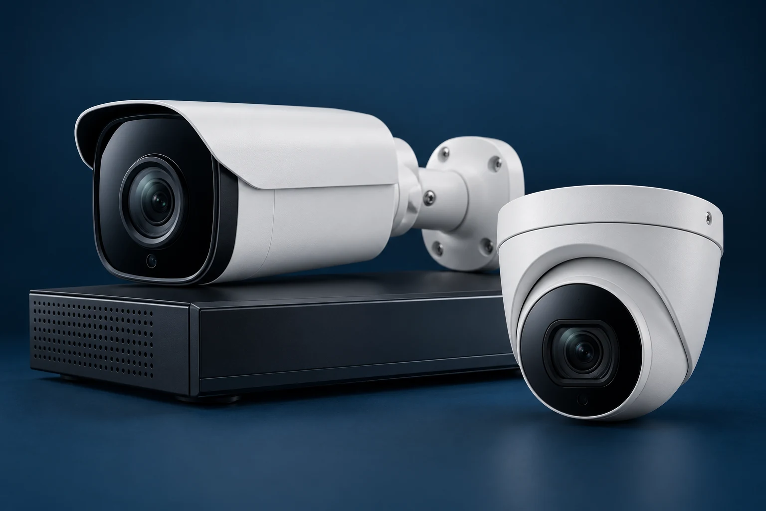 Imagen ilustrativa de dos cámaras de seguridad y un grabador de videovigilancia sobre fondo azul oscuro.