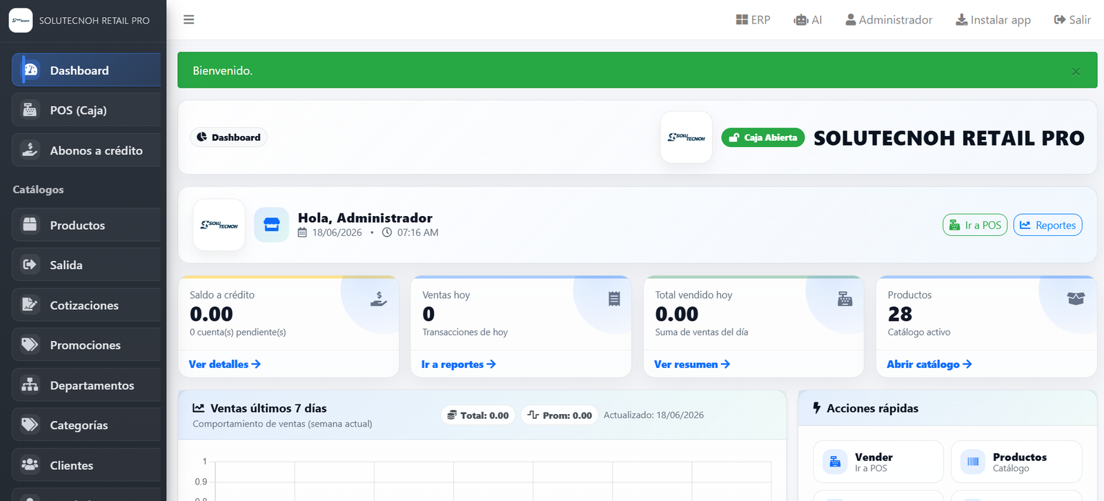 Dashboard web de SOLUTECNOH Retail Pro
